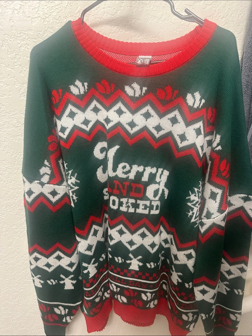 Dutch Bros Green Crewneck Sweater with Red & White Fair Isle